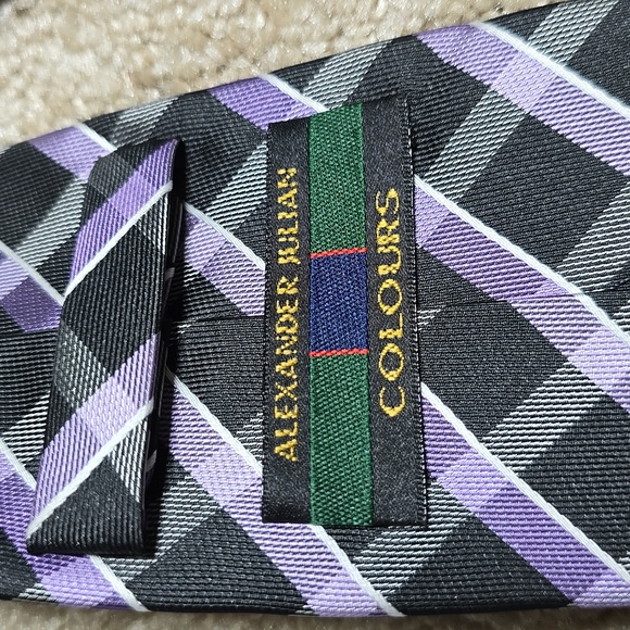 Mens Alexander Julian Black & Purple Gingham Plaid Tie - Picture 3 of 5